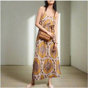 Anthropologie Boho Maxi Halter Dress Large Yellow Gold Metallic Chiffon